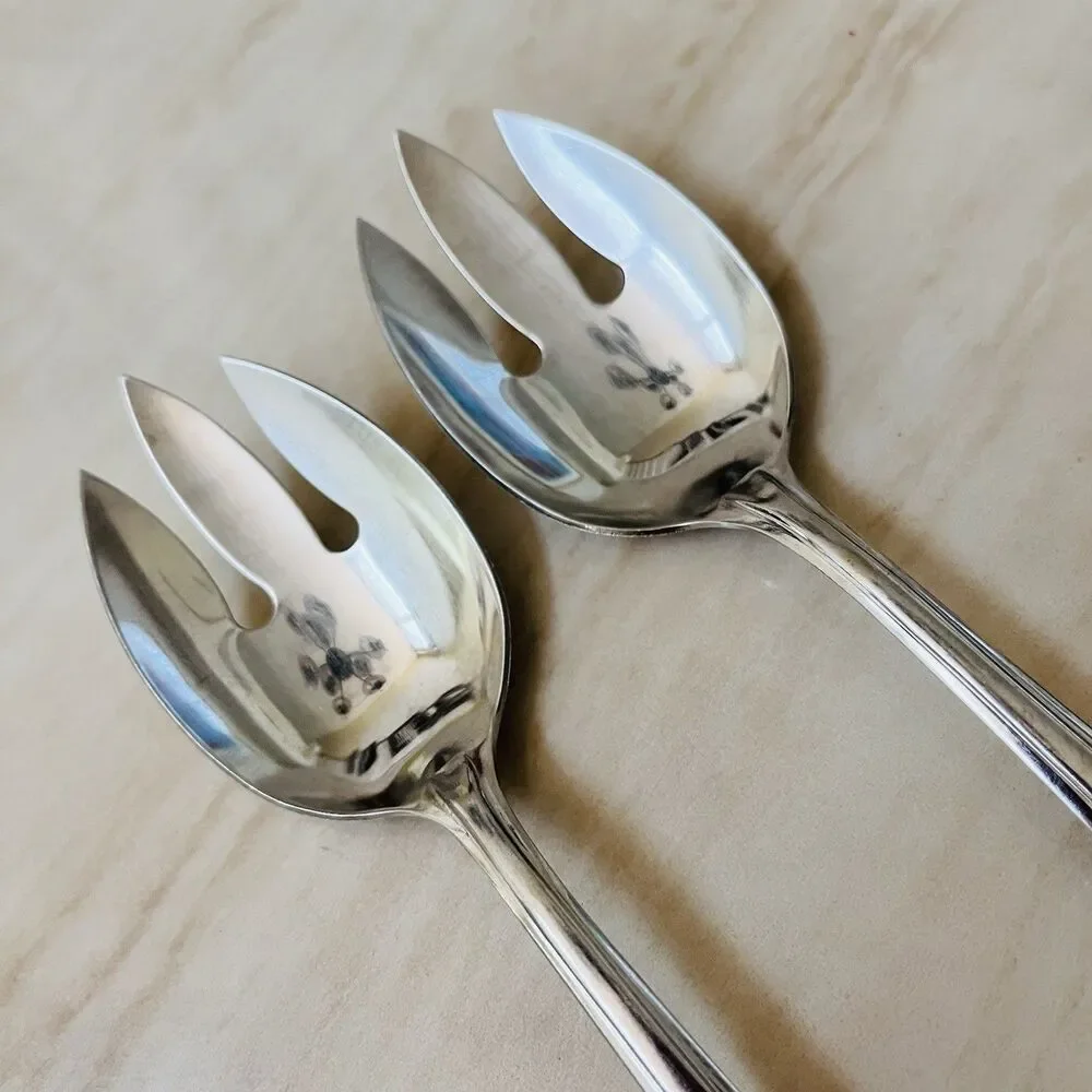 Pair of EKCO EKS7 3TINE Stainless Pierced Tablespoon Serving Spoon Glossy USA